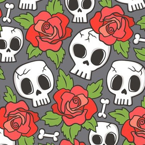 Skulls and Roses Red on Dark Grey