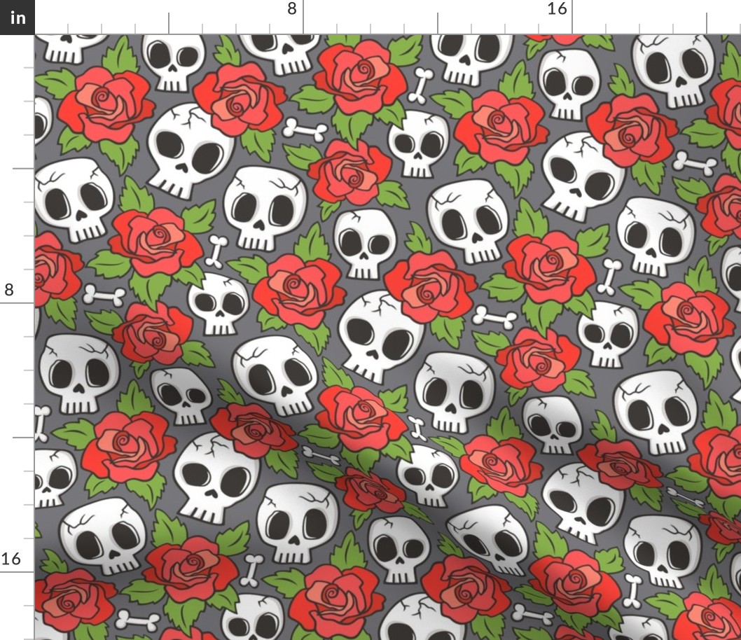 Skulls and Roses Red on Dark Grey