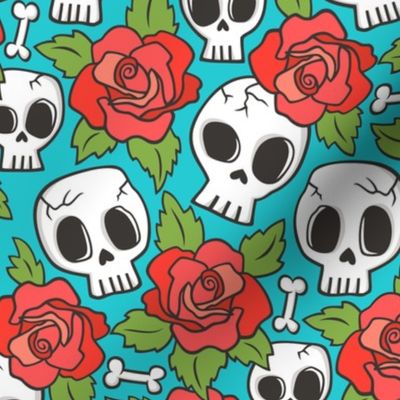 Skulls and Roses Red on Blue