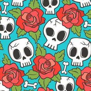 Skulls and Roses Red on Blue