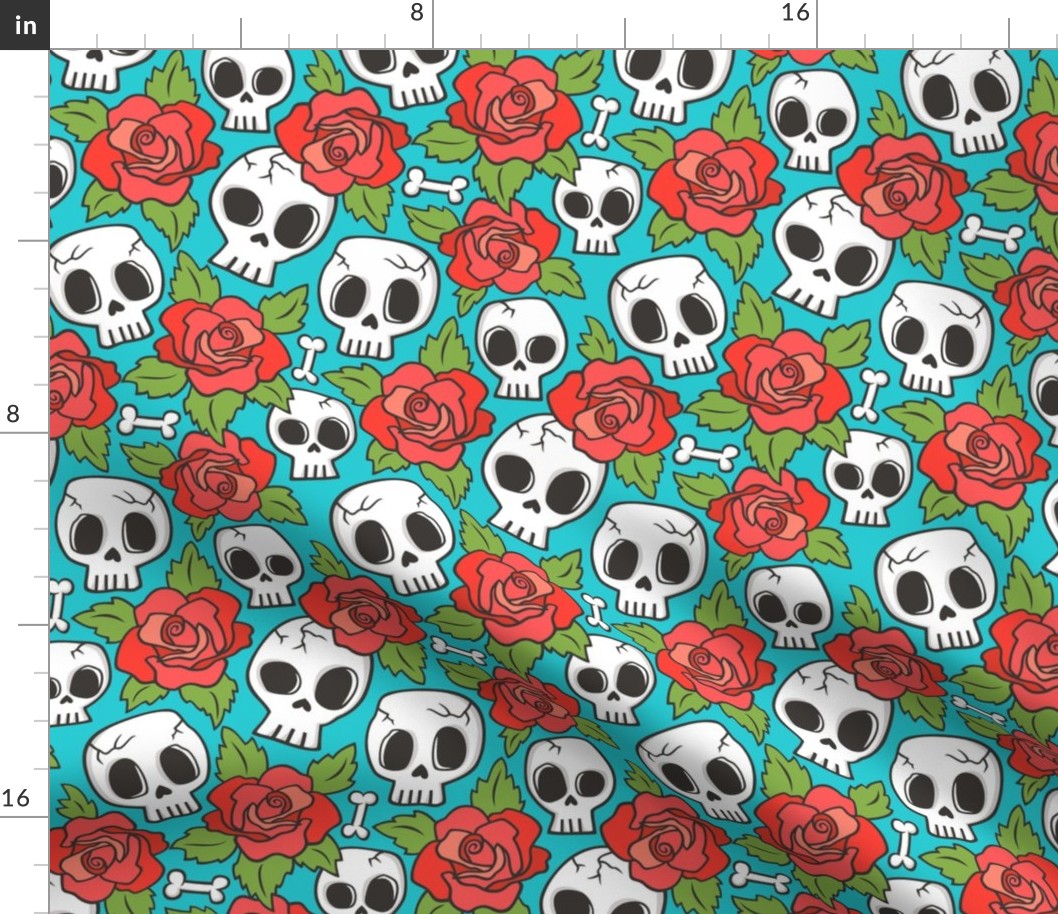 Skulls and Roses Red on Blue
