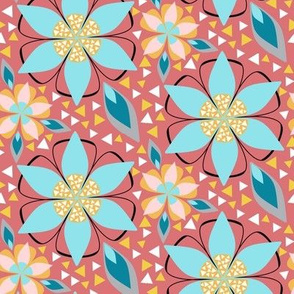 Large Floral Mosaic, Aqua, Yellow, Pink, Black