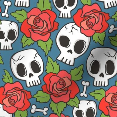 Skulls and Roses Red on Dark Blue Navy