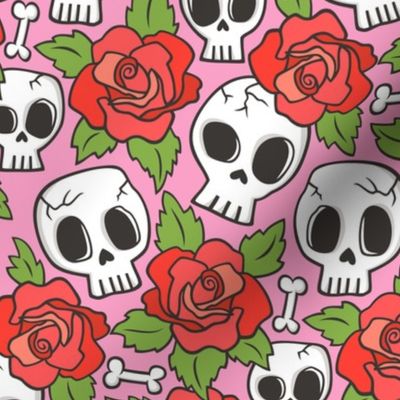 Skulls and Roses Red on Pink