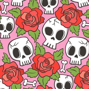 Skulls and Roses Red on Pink