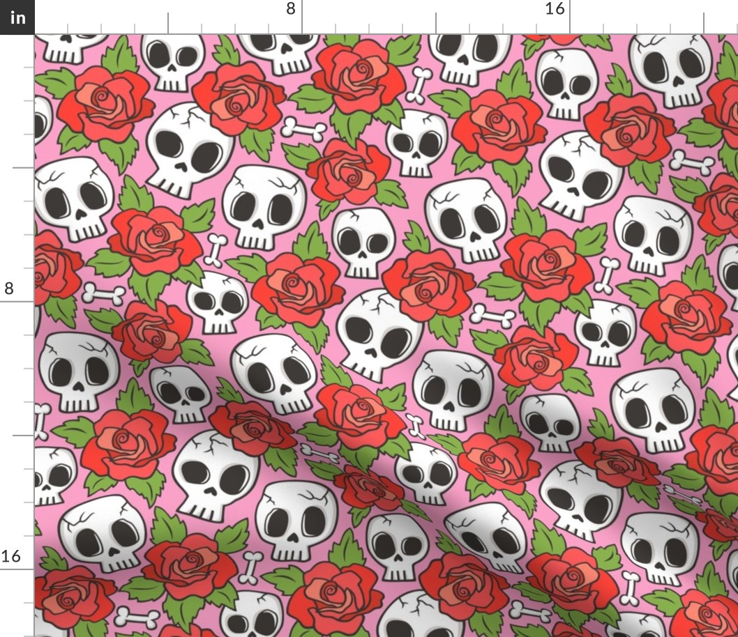 Skulls and Roses Red on Pink