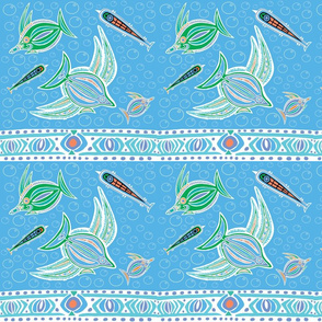 Tribal Design Fish in Bubbles Border