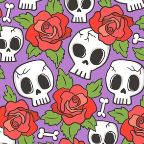 Skulls and Roses Red on Purple