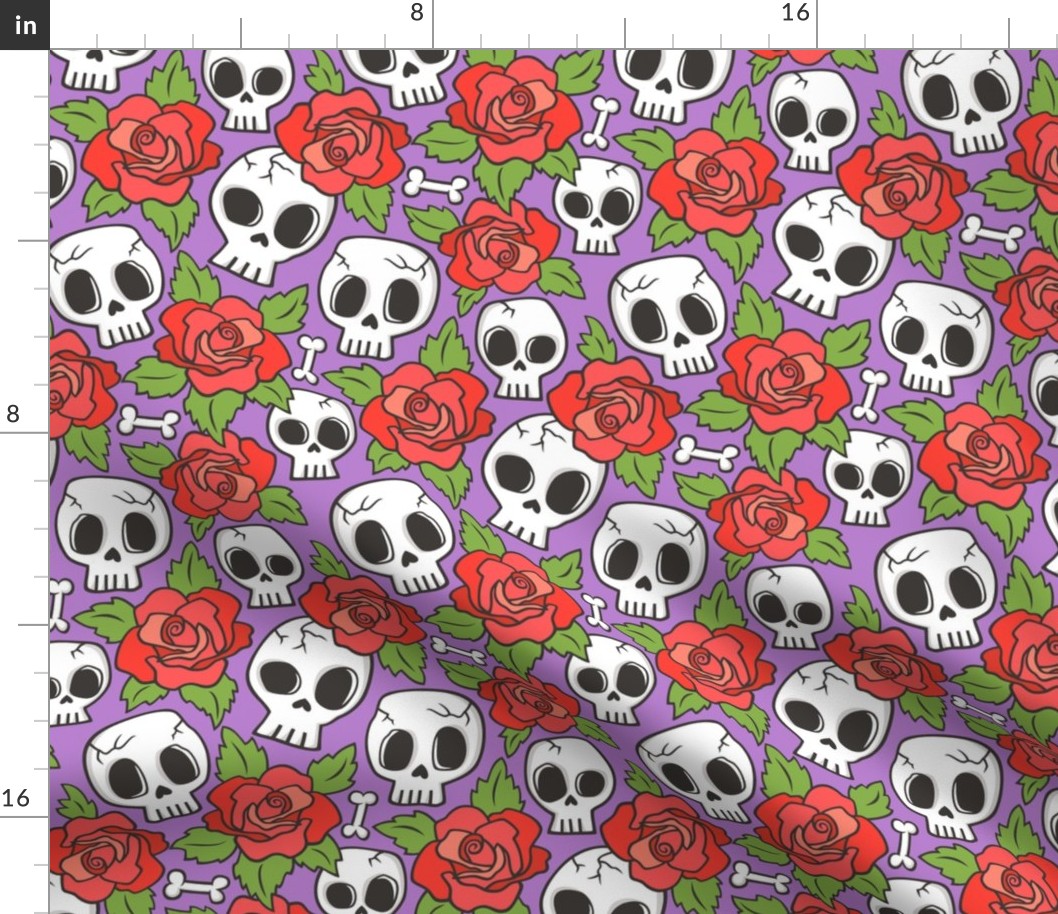 Skulls and Roses Red on Purple