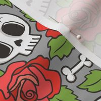 Skulls and Roses Red on Grey