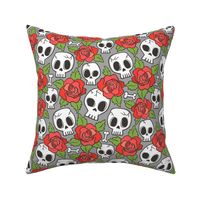 Skulls and Roses Red on Grey