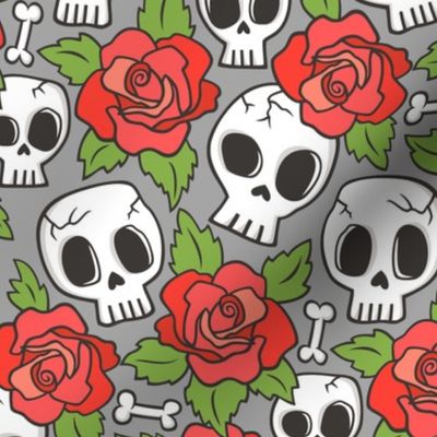 Skulls and Roses Red on Grey