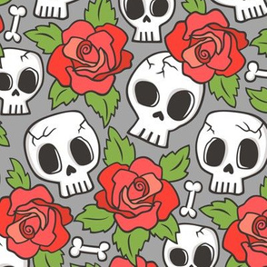Skulls and Roses Red on Grey