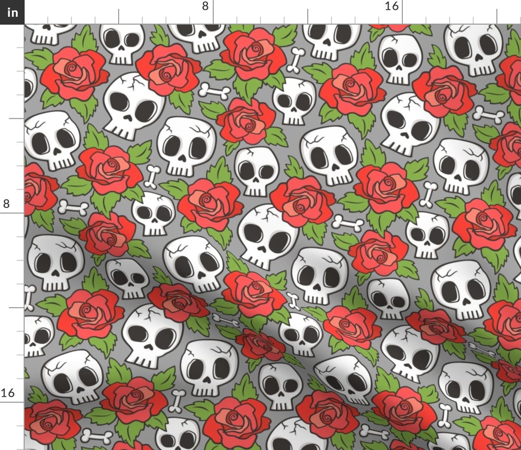 Skulls and Roses Red on Grey