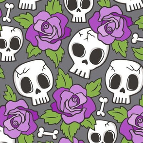 Skulls and Roses Purple on Dark Grey