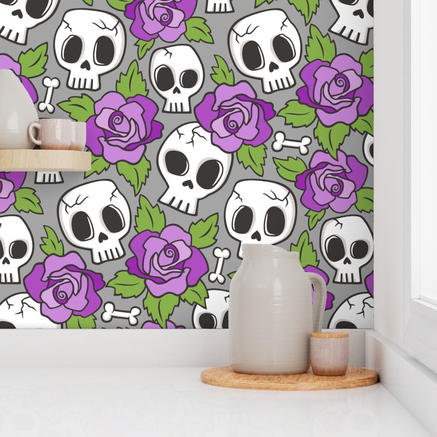 Skulls and Roses Purple on Grey