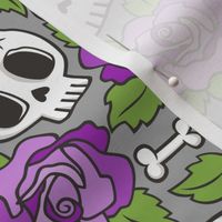 Skulls and Roses Purple on Grey