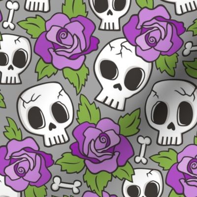 Skulls and Roses Purple on Grey