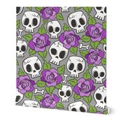 Skulls and Roses Purple on Grey