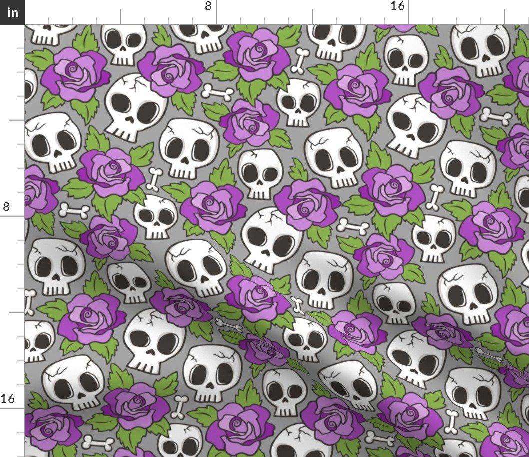 Skulls and Roses Purple on Grey