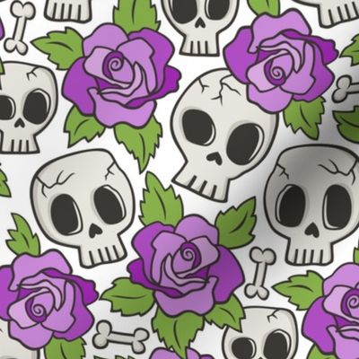 Skulls and Roses Red Purple on White
