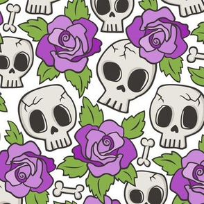 Skulls and Roses Red Purple on White