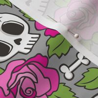 Skulls and Roses Pink on Grey
