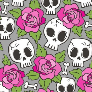 Skulls and Roses Pink on Grey