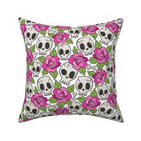 Skulls and Roses Pink on White