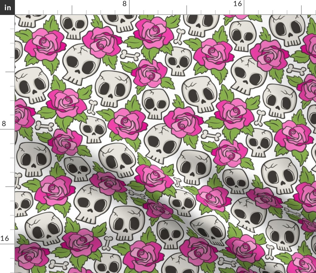 Skulls and Roses Pink on White