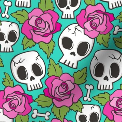 Skulls and Roses Pink on Mint Green