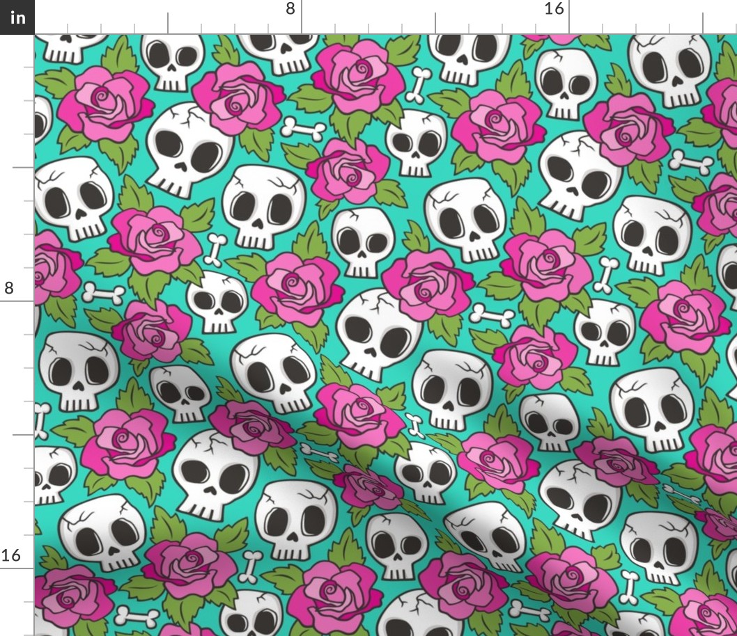Skulls and Roses Pink on Mint Green