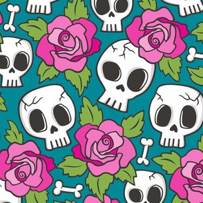 Skulls and Roses Pink on Teal