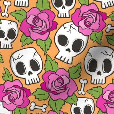 Skulls and Roses  Pink on Orange