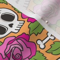 Skulls and Roses  Pink on Orange