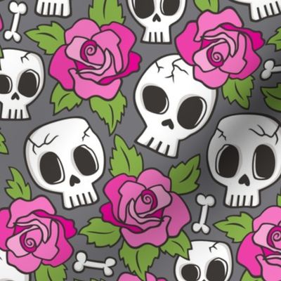 Skulls and Roses  Pink on Dark Grey