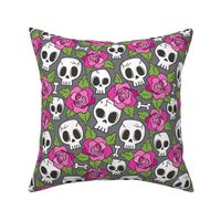 Skulls and Roses  Pink on Dark Grey