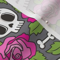 Skulls and Roses  Pink on Dark Grey