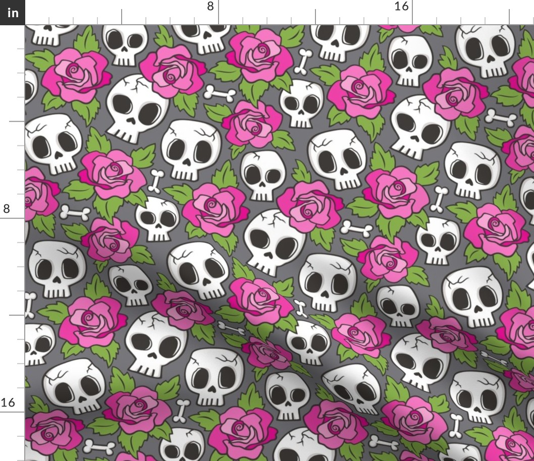 Skulls and Roses  Pink on Dark Grey