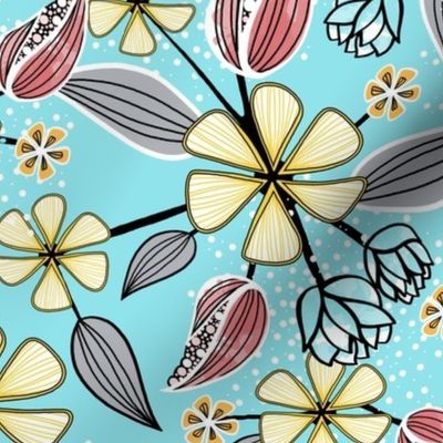 Floral Print of Wildflowers, Leaves, and Seed Pods in Aqua, Pink, Yellow
