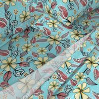 Floral Print of Wildflowers, Leaves, and Seed Pods in Aqua, Pink, Yellow