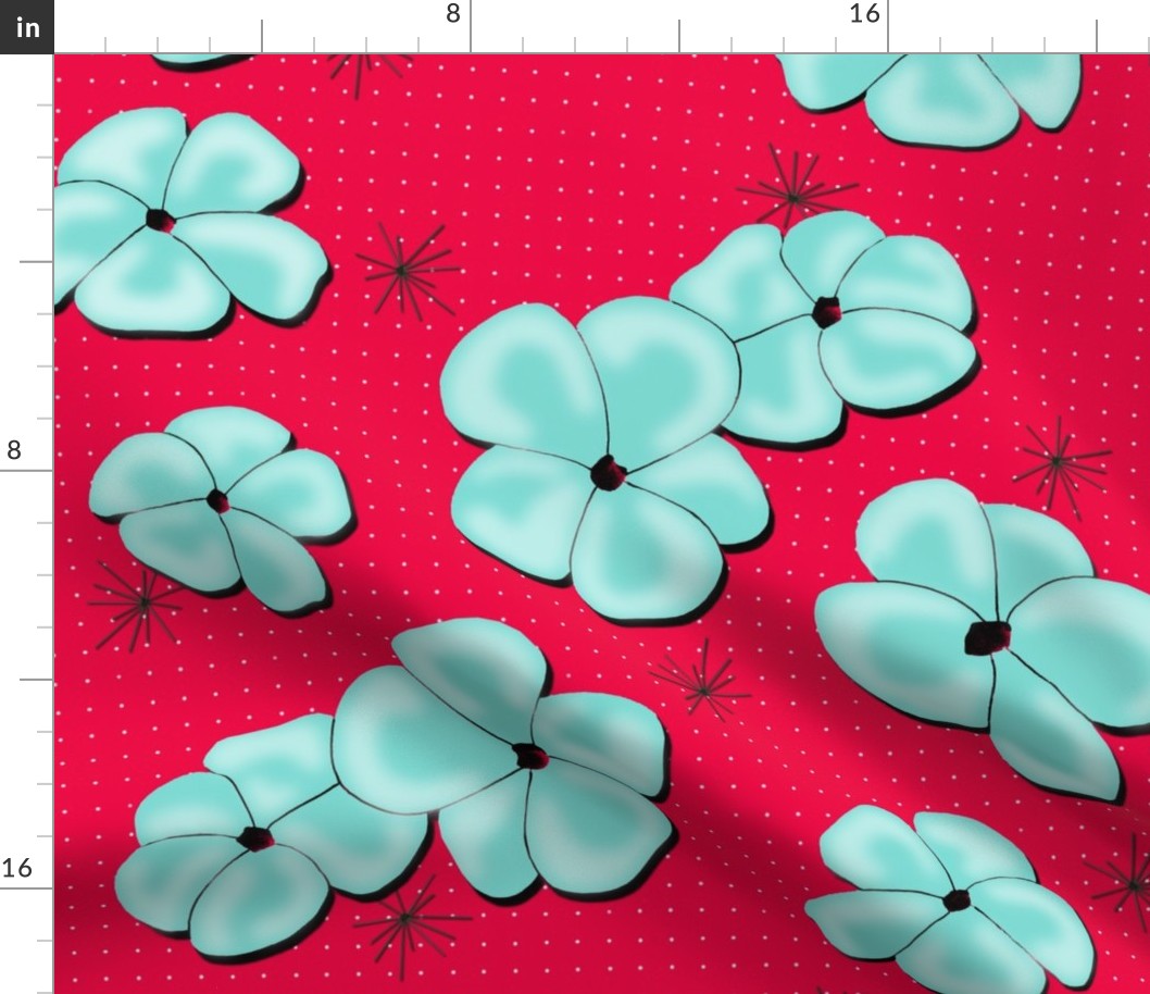 Painted Poppies Aqua on Red