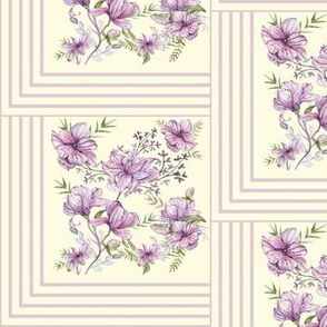 Lavender Magnolias with Stripes on Pale Yellow