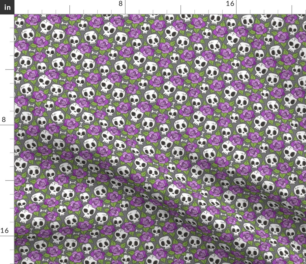 Skulls and Roses Purple on Dark Grey Tiny Small 1 inch