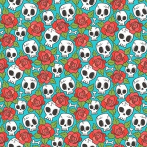 Skulls and Roses Red on Blue Tiny Small 1 inch