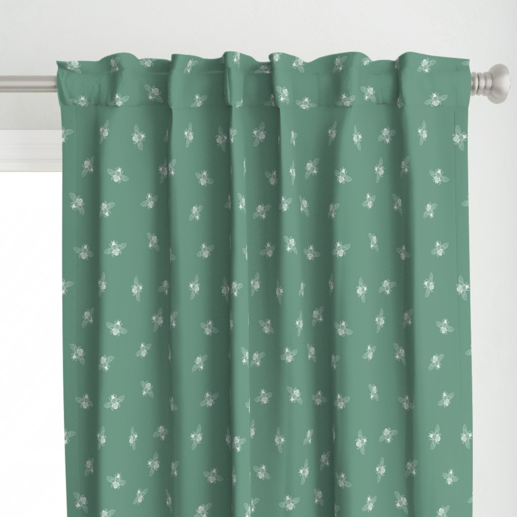 Ditsy Bees, White on Dusty Green // large