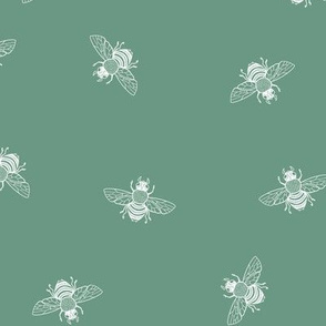 Ditsy Bees, White on Dusty Green // large