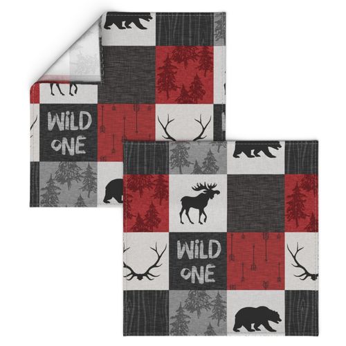 Wild One Quilt B -  red, black and grey - woodland moose