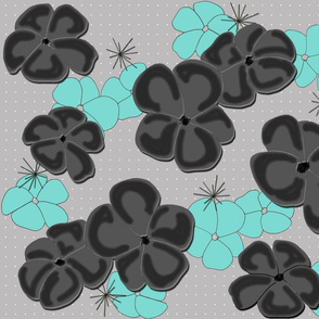 Painted Poppies Black and Aqua on Gray