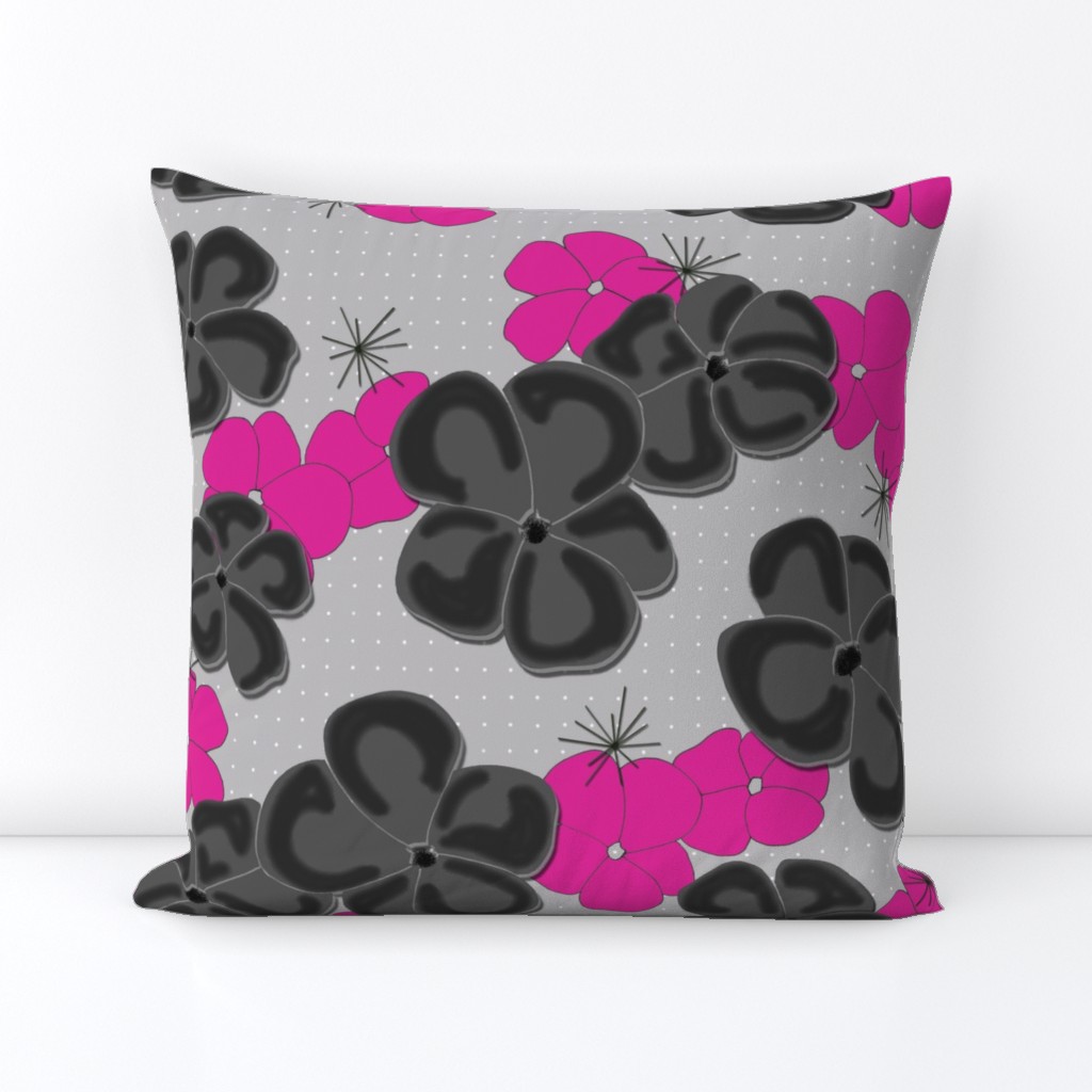 Painted Poppies Black and Fuchsia on Gray